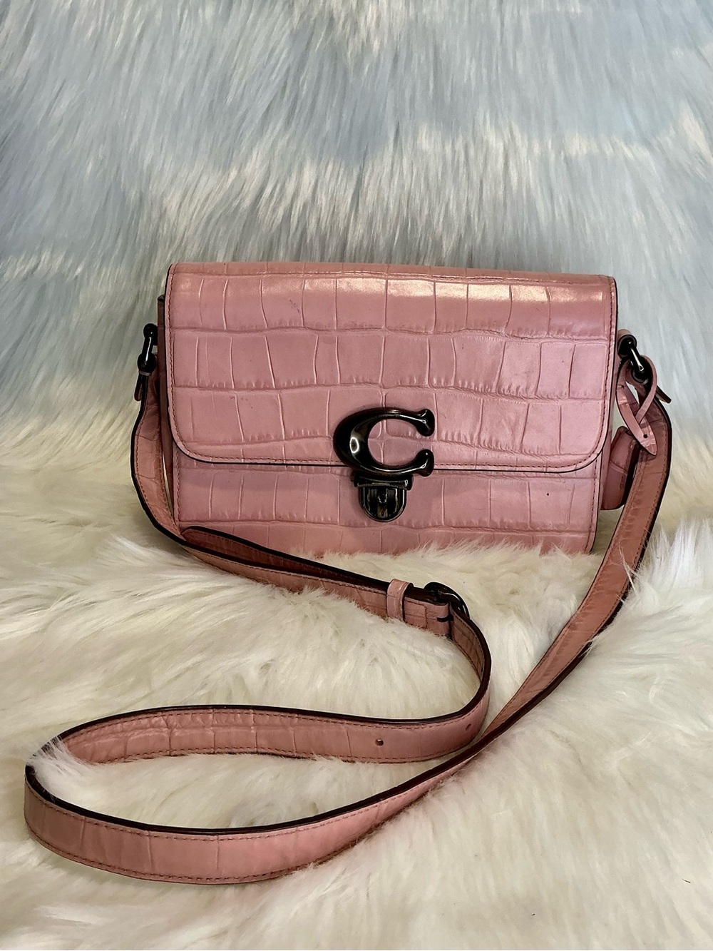 Coach Pink Croc-Embossed Crossbody Bag with Signature C Clasp